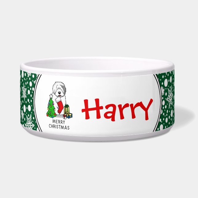 メリークリスマスツリー2オールドイングリッシュシェプドッググレー1 ボウル (正面)