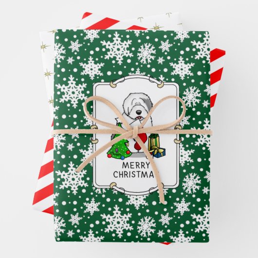 メリークリスマスツリー2オールドイングリッシュシェプドッググレー1 ラッピングペーパーシート (インサイチュ)