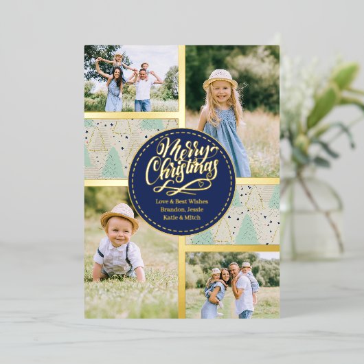メリークリスマスツリー4フォトコラージミント金ゴールド 箔シーズンカード (立ち正面)