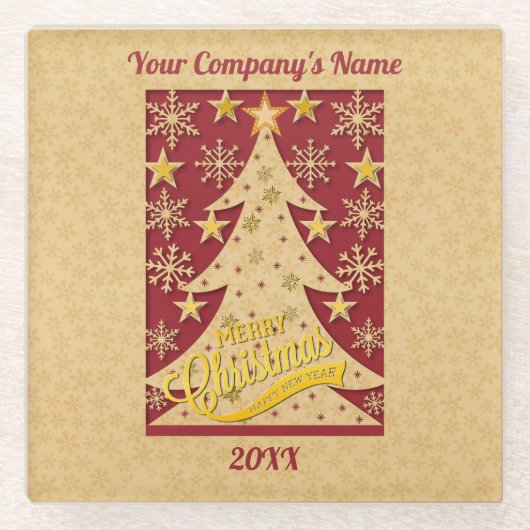 メリークリスマスツリー、スノーフレーク&スターシルエット ガラスコースター (正面)
