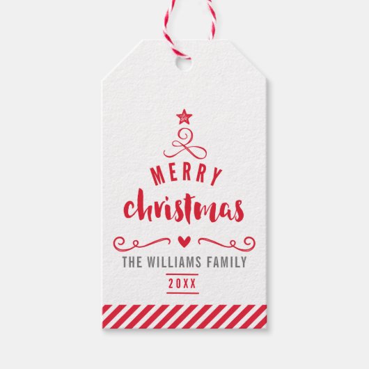 メリークリスマスツリー タイポグラフィ フェスティブ レッド ギフトタグ (正面)