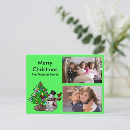メリークリスマスツリー&雪だるま写真はがき シーズンポストカード (スタンド正面)