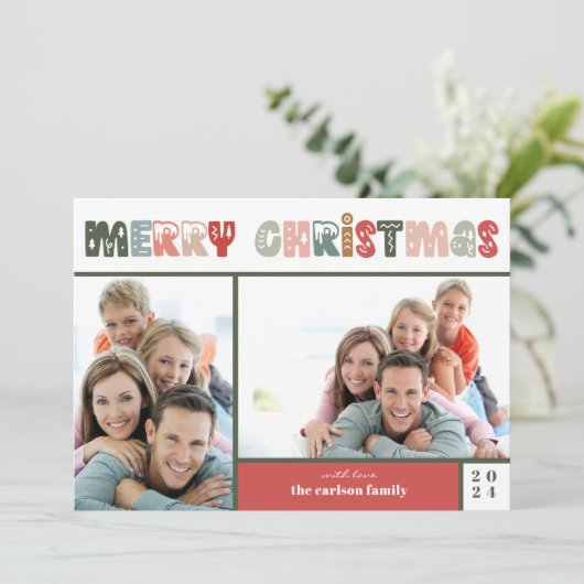 メリークリスマスツーフォトファミリーホリデーカード シーズンカード (スタンド正面)