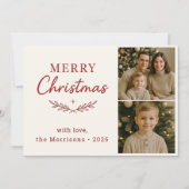 メリークリスマスツーフォトレッドホリデーフラットカード 招待状 (正面)