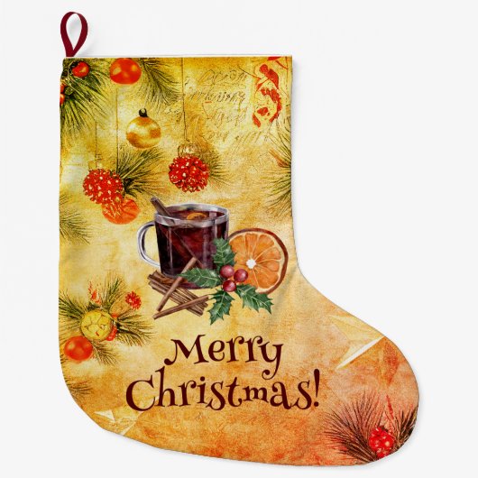 メリークリスマスティーカップオレンジベリーシナモン ラージクリスマスストッキング (正面)