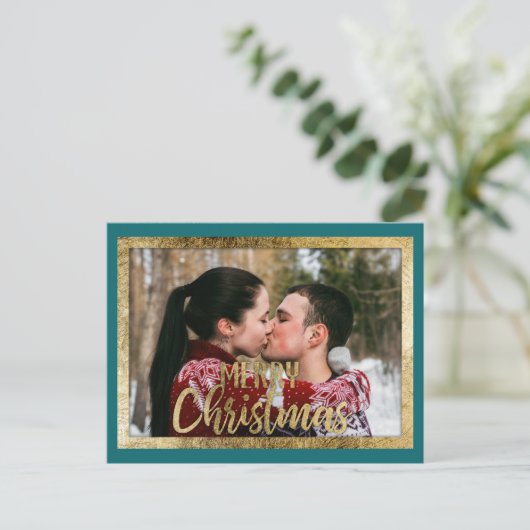 メリークリスマスティール（緑がかった色）グリーン金ゴールド写真 シーズンポストカード (スタンド正面)
