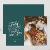 メリークリスマスティール（緑がかった色）ファミリーフォトホリデーカード シーズンカード (正面/裏面)