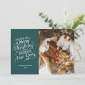 メリークリスマスティール（緑がかった色）ファミリーフォトホリデーカード シーズンカード (スタンド正面)