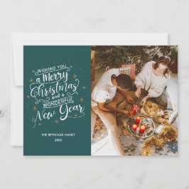 メリークリスマスティール（緑がかった色）ファミリーフォトホリデーカード シーズンカード