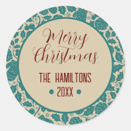 メリークリスマスティール（緑がかった色）フローラカスタムファミリー名 ラウンドシール