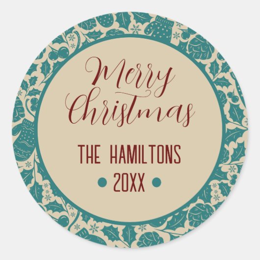 メリークリスマスティール（緑がかった色）フローラカスタムファミリー名 ラウンドシール (正面)