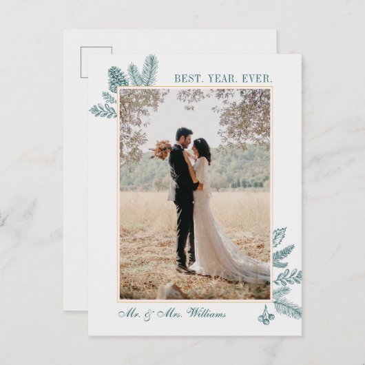 メリークリスマスティール(緑がかった色)フローラ |写真ホリデーカード シーズンポストカード (正面/裏面)