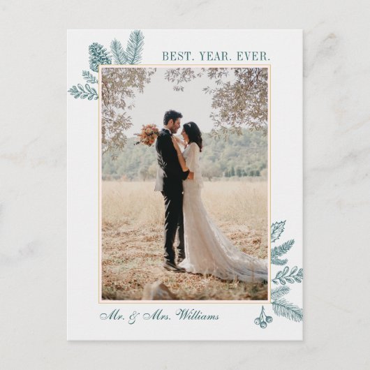 メリークリスマスティール(緑がかった色)フローラ |写真ホリデーカード シーズンポストカード (正面)