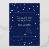 メリークリスマステニスツリーカスタム文字ブルー 箔シーズンカード (裏面)