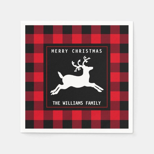 メリークリスマスディアーレッドブラックバッファローチェック スタンダードカクテルナプキン (正面)