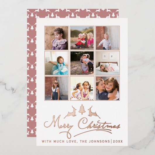 メリークリスマスディアー、ツリー写真コラージュバラ金ゴールド 箔シーズンカード (正面/裏面)