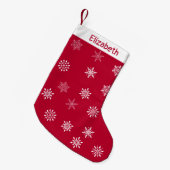 メリークリスマスデイスノーフレークパターン名前をカスタムする スモールクリスマスストッキング (正面 (吊り時))