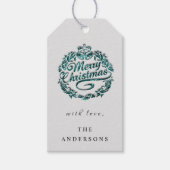 メリークリスマストゥネームリースティール（緑がかった色）ベルズグレー ギフトタグ (正面)