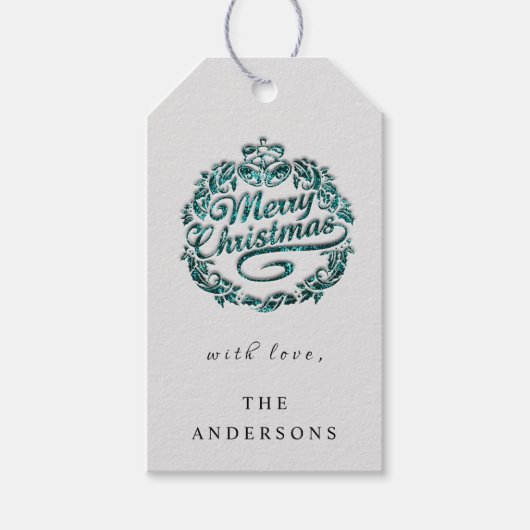 メリークリスマストゥネームリースティール(緑がかった色)ベルズグレー ギフトタグ (正面)