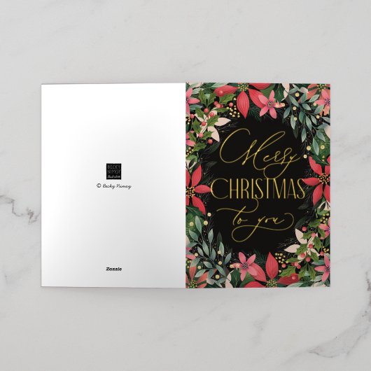 メリークリスマストゥユークラシックのポインセチア金ゴールド 箔シーズンカード (外側レイダウン)