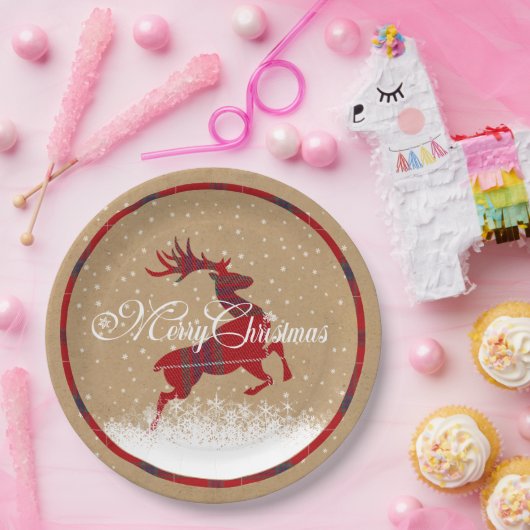 メリークリスマストナカイタータンチェックレッド/クラフトID590 ペーパープレート (パーティー)