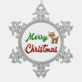 メリークリスマストナカイ赤い緑のスクリプト スノーフレークピューターオーナメント (正面)