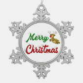 メリークリスマストナカイ赤い緑のスクリプト スノーフレークピューターオーナメント (正面)