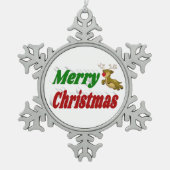 メリークリスマストナカイ赤グリーンタイポグラフィ スノーフレークピューターオーナメント (正面)