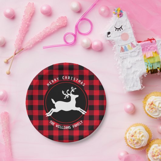メリークリスマストナカイ赤ブラックバッファローチェック ペーパープレート (パーティー)