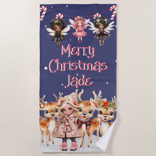 メリークリスマストナディアペパーミント妖精と名前 ビーチタオル (正面)