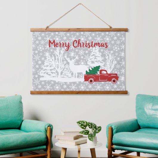 メリークリスマストラックと鹿 吊り下げ型タペストリー (リビング)