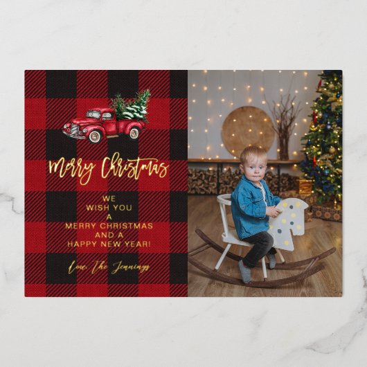 メリークリスマストラック&バッファローチェック写真V 箔招待状 (正面)