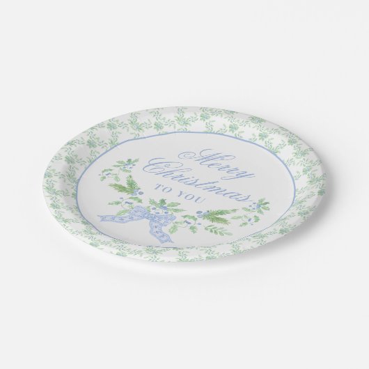 メリークリスマストレリスとブルーボウスワッグ ペーパープレート (アングル)