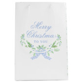 メリークリスマストレリスとブルーボウスワッグ ミディアムペーパーバッグ (正面)