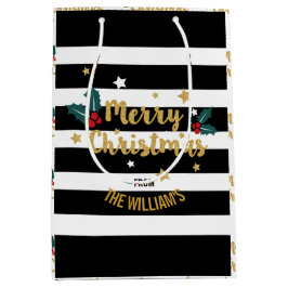 メリークリスマストレンディー金ゴールドグリッター 文字デザイン ミディアムペーパーバッグ