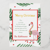 メリークリスマストロピカルフレームピンクサンタフラミンゴ 箔シーズンカード (正面)