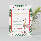 メリークリスマストロピカルフレームピンクサンタフラミンゴ 箔シーズンカード (立ち正面)