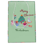 メリークリスマスドッグアイススケートで滑るピスタチオグリーン ミディアムペーパーバッグ (正面)