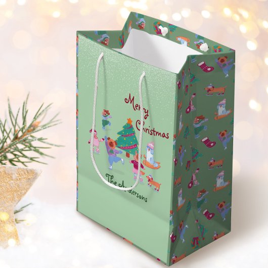 メリークリスマスドッグアイススケートで滑るピスタチオグリーン ミディアムペーパーバッグ