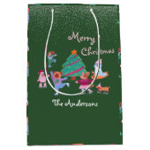 メリークリスマスドッグアイススケートで滑るフェスティバルグリーン ミディアムペーパーバッグ (正面)