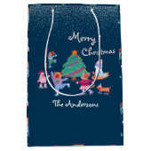 メリークリスマスドッグアイススケートで滑る冬海軍ブルー ミディアムペーパーバッグ (正面)