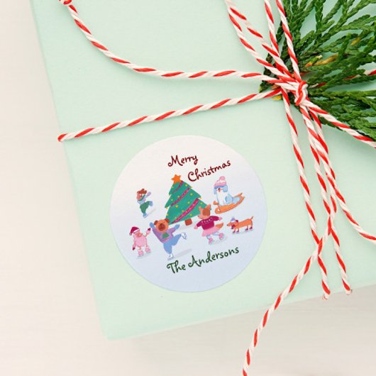 メリークリスマスドッグアイススケートで滑る名アイスブルーギフト ラウンドシール