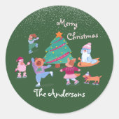 メリークリスマスドッグアイススケートで滑る名グリーン ラウンドシール (正面)