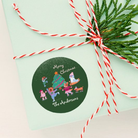 メリークリスマスドッグアイススケートで滑る名グリーン ラウンドシール