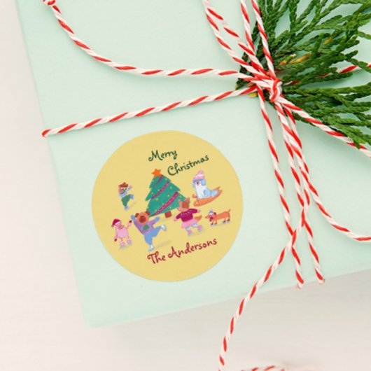 メリークリスマスドッグアイススケートで滑る名パステルイエロー ラウンドシール