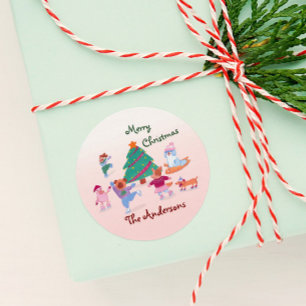 メリークリスマスドッグアイススケートで滑る名ピンクギフト ラウンドシール