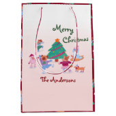 メリークリスマスドッグアイススケートで滑る名ピンクレッド ミディアムペーパーバッグ (正面)