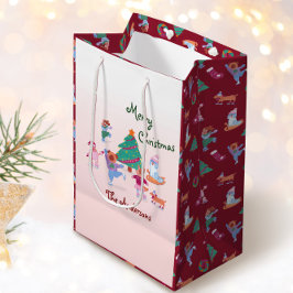 メリークリスマスドッグアイススケートで滑る名ピンクレッド ミディアムペーパーバッグ