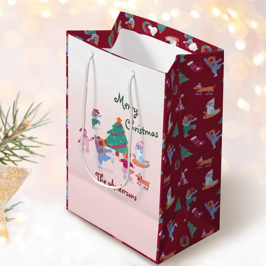 メリークリスマスドッグアイススケートで滑る名ピンクレッド ミディアムペーパーバッグ