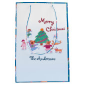 メリークリスマスドッグアイススケートで滑る名ブルー ミディアムペーパーバッグ (正面)